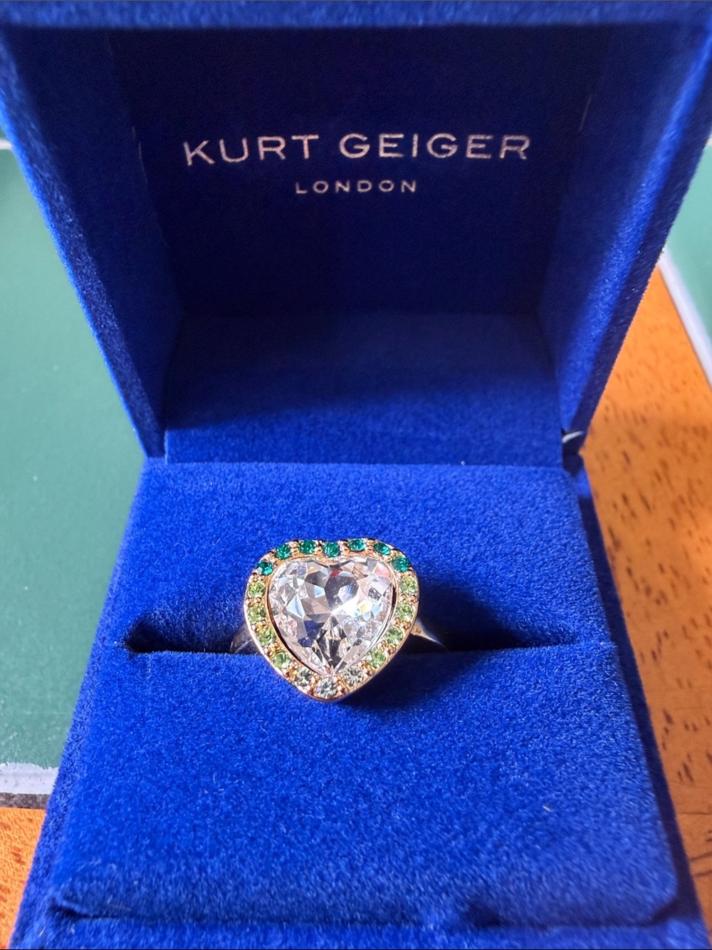 Kurt Geiger Heart Ring with  Iridescent Center and Green Halo